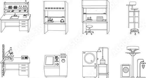 Intricate line drawing reveals detailed laboratory equipment arranged with scientific precision. Each tool is meticulously rendered, evoking a sense of discovery and innovation. 