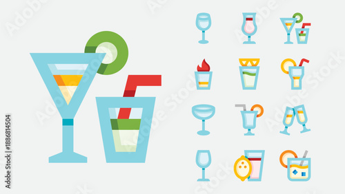 Bar glasses and drinkware icons set