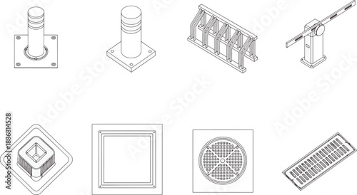 Diverse infrastructure icons in a structured display, designed to enhance urban and industrial scenes. The image, devoid of color, invites a focus on design and functionality.