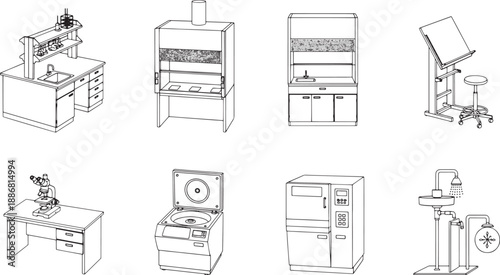 A collection of laboratory equipment and furniture, meticulously illustrated in a clean, minimalist style. From the laboratory workbench to the centrifuge.