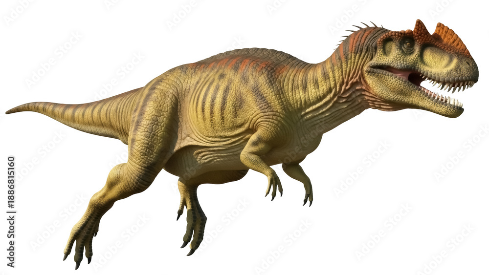 Fototapeta premium Isolated dinosaur running menacingly with fierce teeth, clawed hands and bony armor plates