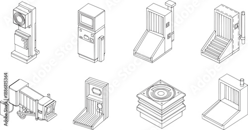 A technical illustration shows a set of meticulously drawn, isometric representations of airport jet bridges, conveying precision and mechanical design.