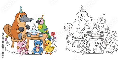 Cute cartoon platypus and parrot wearing party hats having a tea party at wooden table with teddy bear and yellow duckling vector illustration.