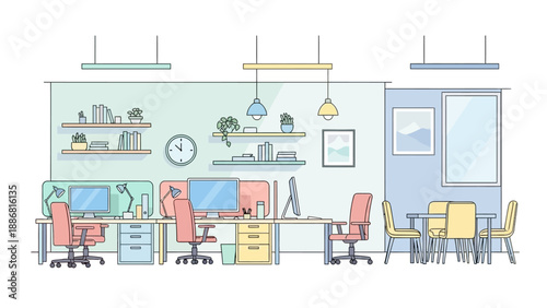 Office Workspace with Desks and Computers.