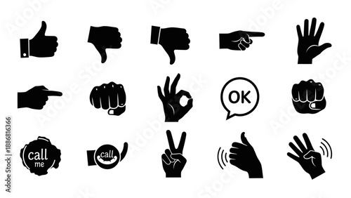 Hand Gestures Silhouette Icons Set.