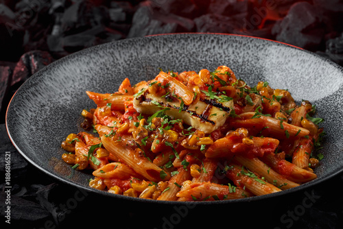 Quadro em tela Penne pasta with tomato sauce, grilled halloumi and roasted corn, gourmet dish