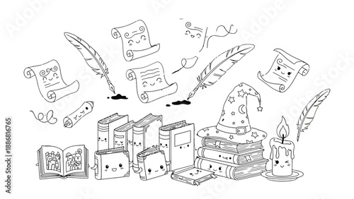 Whimsical Literary Treasures: A captivating illustration showcases a collection of magical books and quills, invoking a sense of wonder and storytelling.