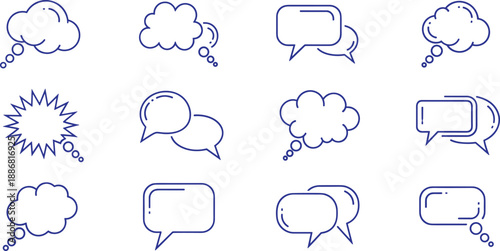 Blue outline speech and thought bubble icon collection, chat and dialog symbols for UI UX design, messaging apps, social media communication and modern interface graphics