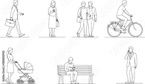 Line drawings depict the everyday lives of various individuals engaged in common activities in graphic resources.