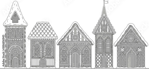 Vector line art illustration of gingerbread houses with snow on roofs, festive Christmas village buildings with decorative icing and patterns,