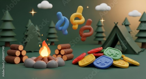 Boy Scout Anniversary Week camping scene 3D illustration
