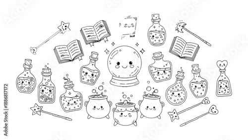 Enchanting Whimsy: A captivating illustration showcases a whimsical collection of magical elements, each radiating charm and enchantment, perfect for adding a touch of fantasy to any project.