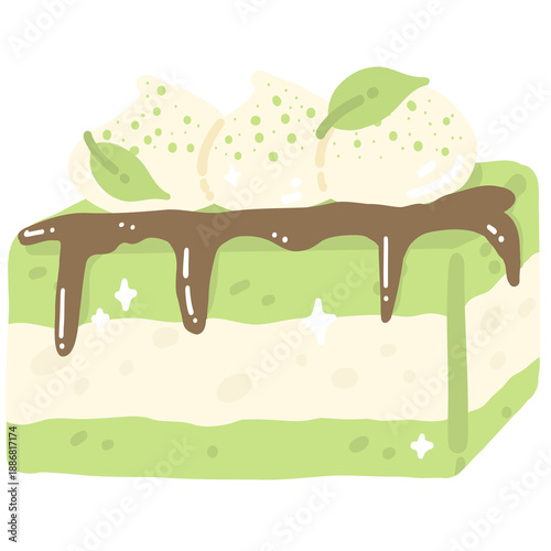 Matcha Cake with Cream and Chocolate Drip Illustration