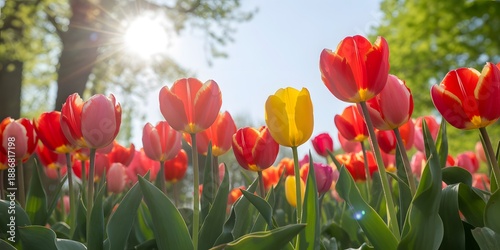 A vibrant field of tulips blooms under a sunny blue sky