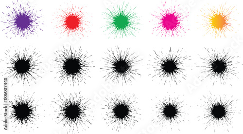Colorful ink splatter burst collection, abstract paint explosion shapes, grunge starburst textures for creative graphic design, posters, backgrounds and modern artwork