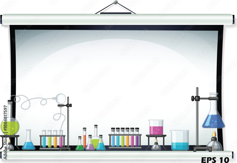 Obraz premium Science Lab Presentation Frame. Vector Projector Screen Background with Chemical Flasks, Beakers, Test Tubes, and Bunsen Burners