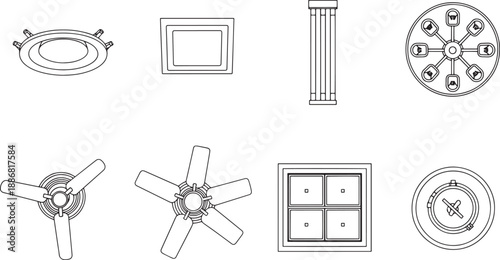 A variety of overhead lighting fixtures in line drawing style displayed against an unseen background.