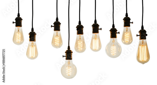 A collection of illuminated vintage edison light bulbs with glowing filaments, isolated on transparent background.