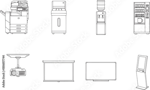 A comprehensive array of office essentials, meticulously presented in a series of line art illustrations, ready to seamlessly integrate into any project.