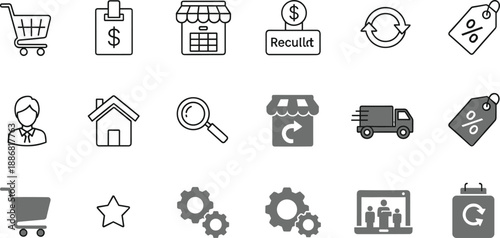 Ecommerce, shopping, icon, set, retail, online, store, checkout, delivery, payment, user, interface, outline, vector, symbols, minimal, flat, design, isolated, collection