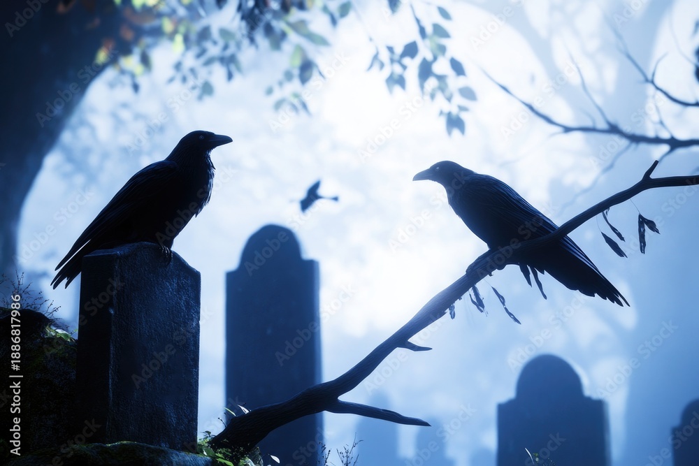 Fototapeta premium Eerie cemetery with silhouetted crows on tombstones at dusk