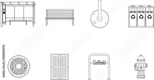 A set of street elements in line art.