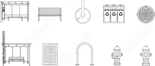 A collection of essential urban elements, depicted in a clean, minimalist style, offer a diverse visual journey through the city's infrastructure.