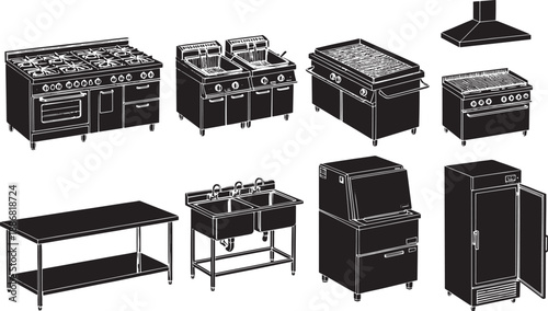 Showcasing an array of industrial-grade commercial kitchen equipment, essential tools for food service operations. A photorealistic rendering that highlights essential tools.