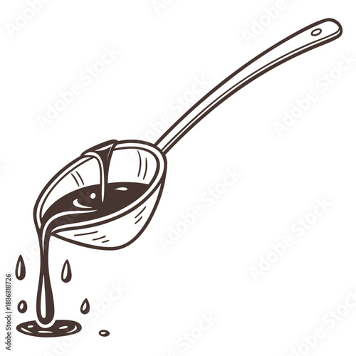 Flat Vector Illustration of a Street Food Ladle Dripping Golden Oil, Representing Authentic Local Cuisine and Culinary Preparation.