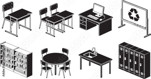 School furniture, classroom environment and recycling awareness are depicted in this illustration, providing a comprehensive view of school facilities.