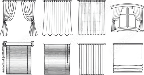 Elegant silhouettes of various drapery styles, showcasing the versatility of window treatments, drawn with precise detail. 