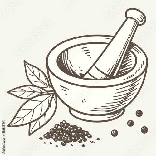 Minimal Vector Illustration of a Traditional Mortar and Pestle with Rustic Form, Used for Crushing and Blending Ingredients.