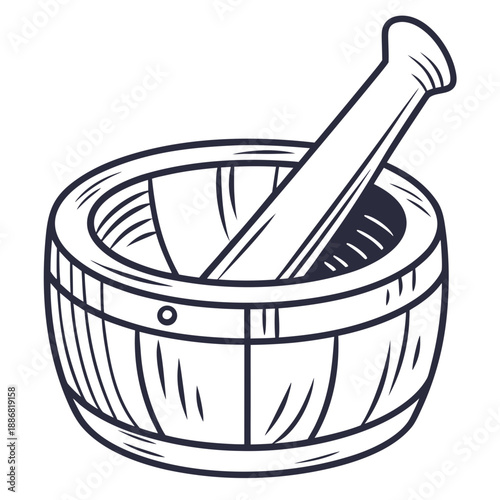 Traditional Rice Pounding Wooden Tool in a Minimal Vector Style, Depicting Ancient Agricultural Practices and Food Preparation.