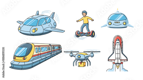 Future Transportation Concepts: A glimpse into the future showcasing a variety of innovative transport modes, from sleek aircraft to high-speed trains.