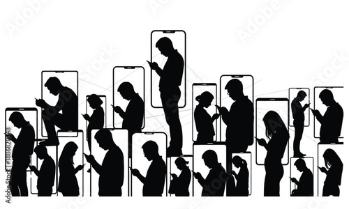 Conceptual Silhouette Collection of People Isolated in Smartphone Screens Illustrating Social Media Addiction, Digital Loneliness, and the Impact of Technology on Human Connection