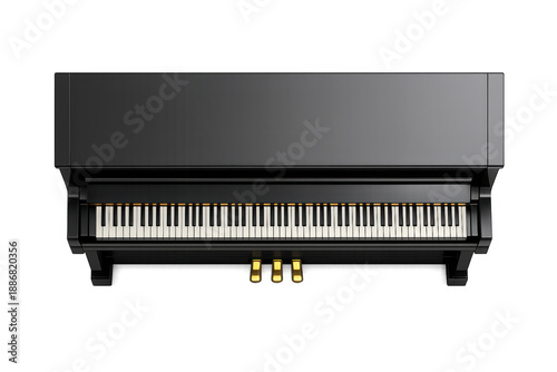 Top view of a sleek black upright piano with polished finish and ivory keys