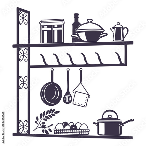 Clean Silhouette Vector of a Village Kitchen Shelf Displaying Traditional Utensils and Rustic Homeware Items