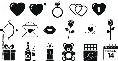 Valentine’s Day love icon set with hearts ring rose gift candle teddy calendar, minimal black vector symbols, romantic celebration elements, isolated