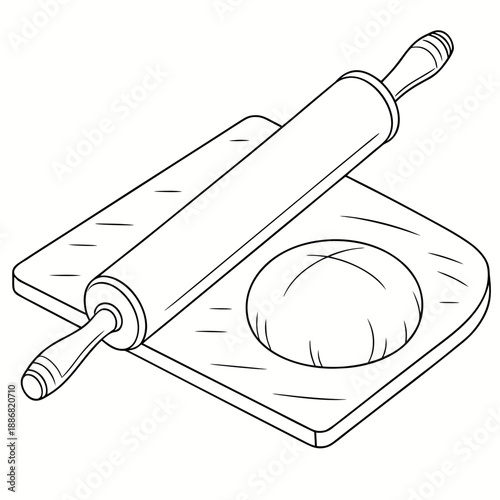 Minimalist Vector Illustration of a Wooden Rolling Pin and Flatbread Board, Traditional Baking Tools Set