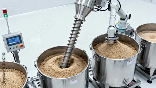 Medium shot showing augerfed system transporting inedible byproducts into containers highlighting automated processing and containment in a sterile facility environment.