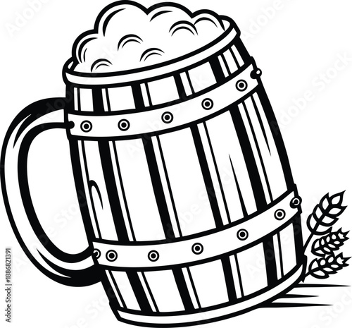 Black and white of a frothy beer mug with wheat stalks drink beverage