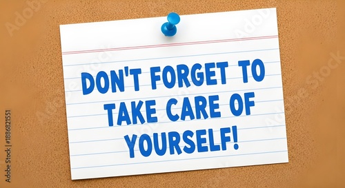 A crucial reminder pinned on a corkboard: don't forget to take care of yourself, prioritize well-being