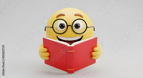 A cheerful 3d emoji wearing glasses joyfully engages in reading a book, symbolizing learning and knowledge