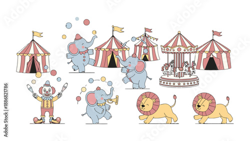 Whimsical Circus: A delightful illustration showcases a cheerful circus scene, filled with charming circus tents, a merry-go-round, a playful clown, majestic lions, and dancing elephants.