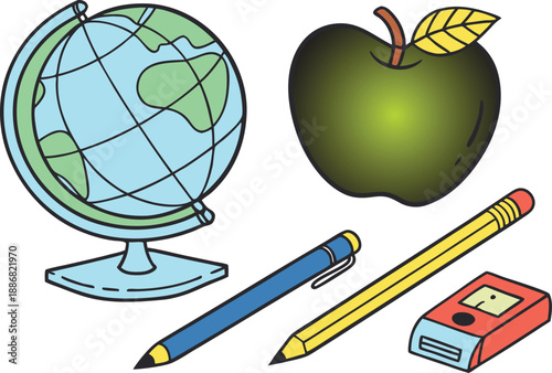 Colorful of globe, apple, pencil, and eraser education