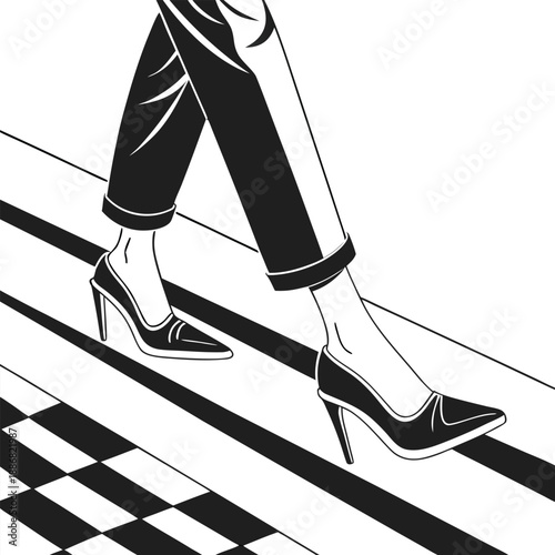 A high-heeled shoe is presented in a vector graphic style, positioned in the center of the image and oriented diagonally from lower left to upper right. The shoe is a classic pump design with a pointe