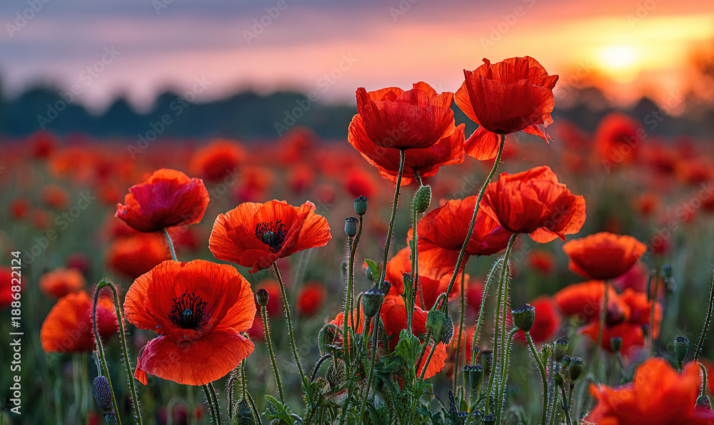 Fototapeta premium Sunrise over a field of vibrant poppies in bright colors and blooming flowers at dawn