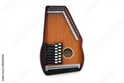 Close-up of a zither instrument with many strings and keys on a black background