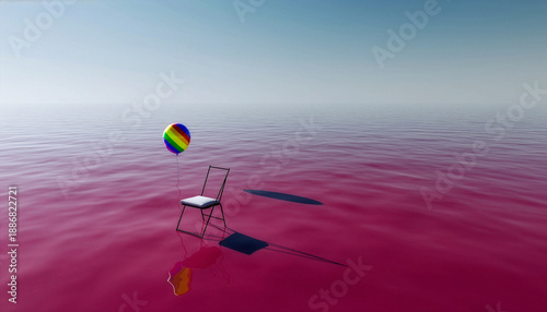 Surreal Chair and Colorful Balloon Floating on Pink Ocean, Concept of Hope and Isolation