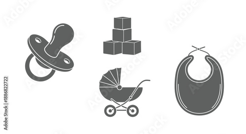 Baby care items including a pacifier, building blocks, a stroller, and a bib.